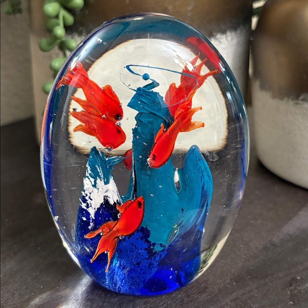 Colorful Glass Paperweight with Fish Design